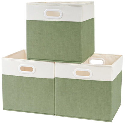 SOCOHOME Fabric Cube Storage Boxes,28x28x28cm Foldable Storage Baskets for Toys Nursery Closet(Green/White, Set of 3)
