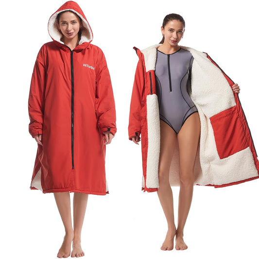 Hiturbo Waterproof Adult Changing Robe: Windproof Warm Swimming Robe Oversized Coat Surf Poncho with Fleece Lining Red