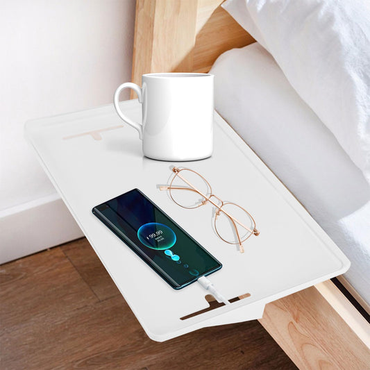 SuQurtom Clip-On Bedside Shelf for Bunk Beds - Space-Saving Nightstand Tray Organizer with Cable Holes, Durable White Bedside Storage for Dorm Rooms,