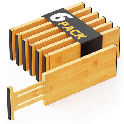 SpaceAid WIAONE Bamboo Dresser Drawer Dividers 6 Pack, 4.65“ High Adjustable 12.5“-17” Drawer Organizers, Expandable Organization for Clothing