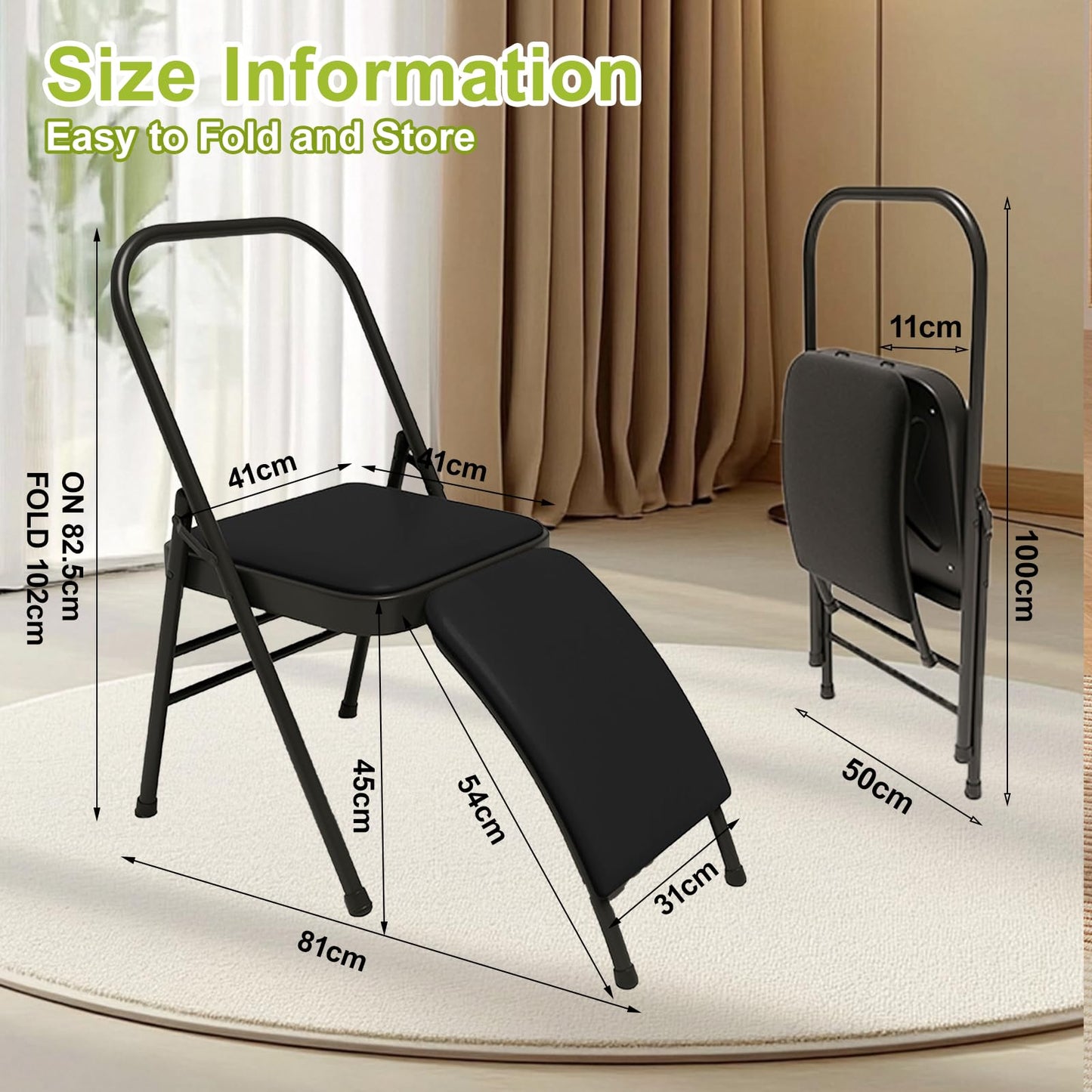YUZINO Folding Chair Yoga Auxiliary Chair, PU Leather Padded Seat with Waist Support & Metal Steel Frame