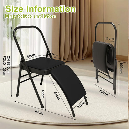 YUZINO Folding Chair Yoga Auxiliary Chair, PU Leather Padded Seat with Waist Support & Metal Steel Frame