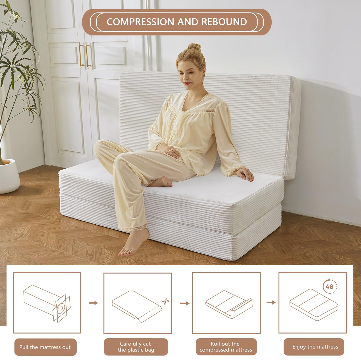 MAXYOYO Folding Corduroy Mattress, Tri Fold Floor Mattress 15cm thick with Washable Cover,Foldable in Three,Space-Saving for Guest (Beige, Single)