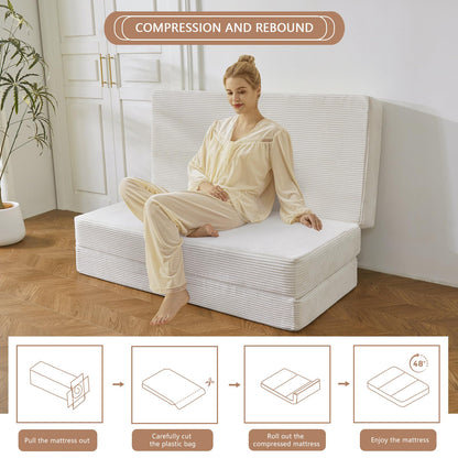 MAXYOYO Folding Corduroy Mattress, Tri Fold Floor Mattress 15cm thick with Washable Cover,Foldable in Three,Space-Saving for Guest (Beige, Single)