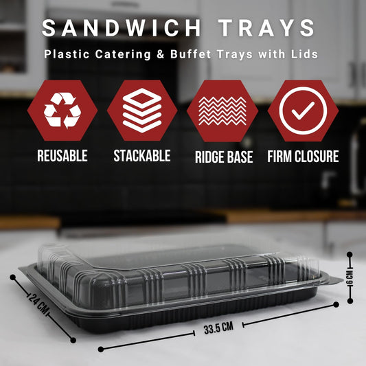 Zumart Pack of 25 Sandwich Platter Trays With lids - Reusable Plastic Catering Trays With Lids for Meal Prep, Cakes, Treats and Sandwiches (33.5cm x