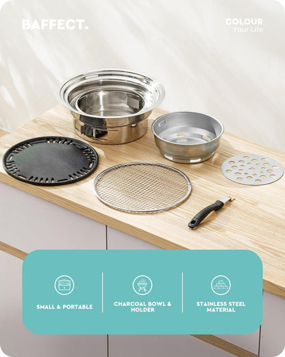 Charcoal Grill Korean Barbecue Grill Portable Stainless Steel Non-stick Charcoal Stove for Outdoor Camping BBQ Grill 13.7 inches Small Grill Outdoor