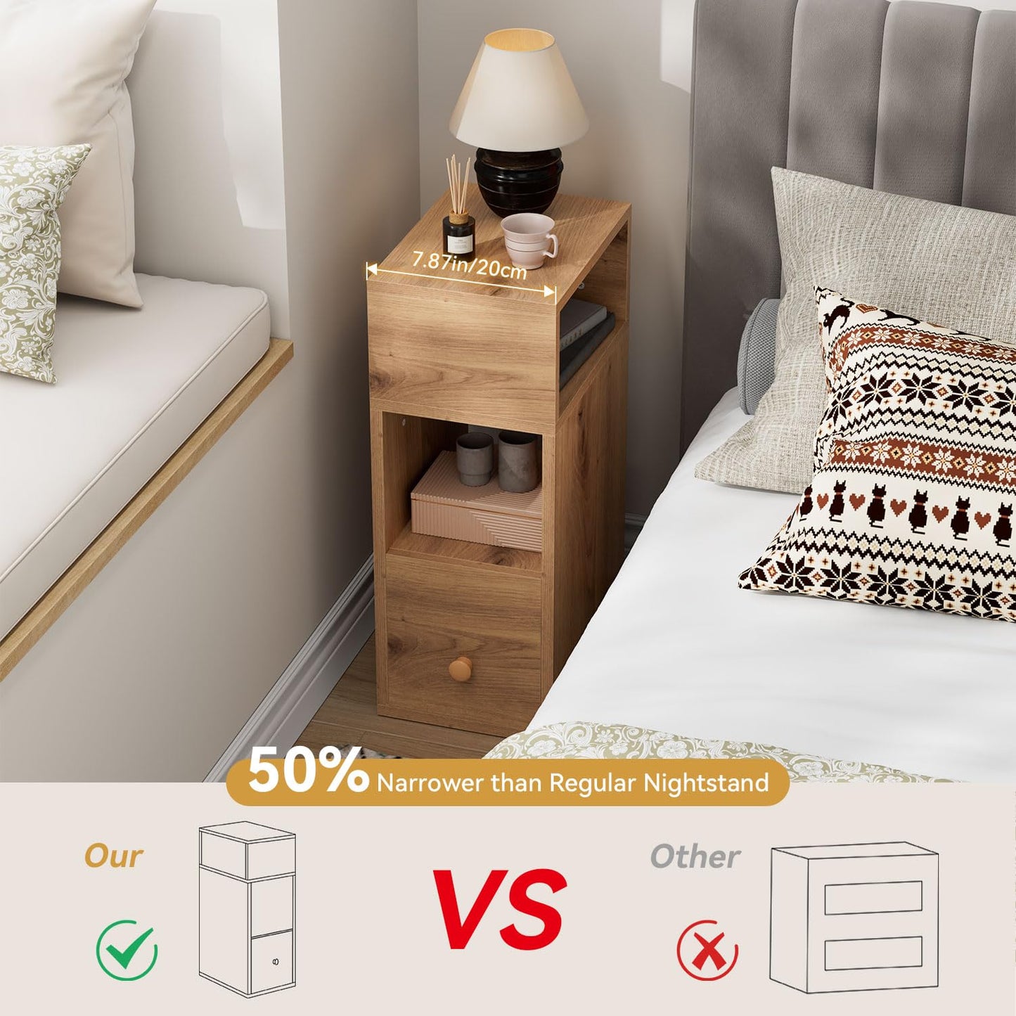 IBUYKE Slim Bedside Table Set of 2,Narrow Nightstand,Walnut Color WNS006K-2