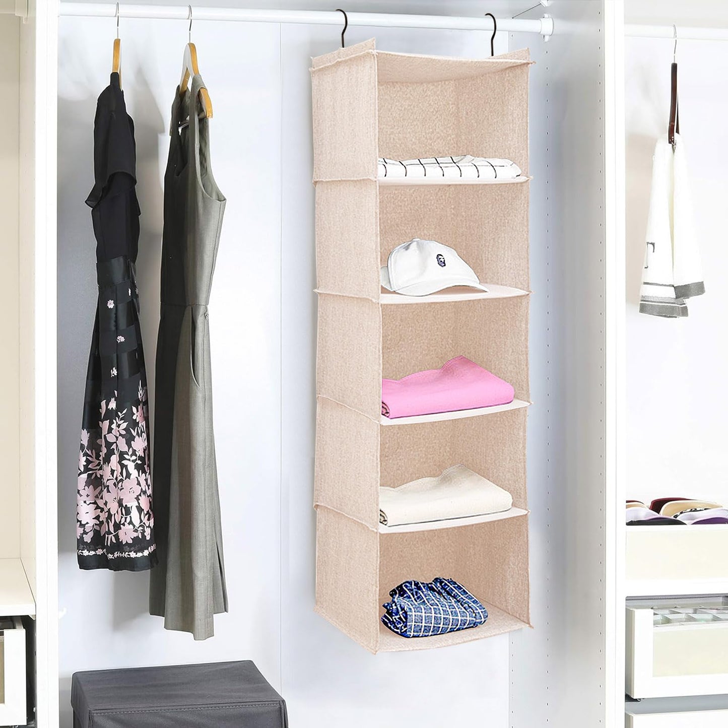 BOMEI PACK Beige Hanging Wardrobe Closet Organizer Shelves with 5 foldable Storage compartments,easy hang up with Curved Metal Hooks for storage