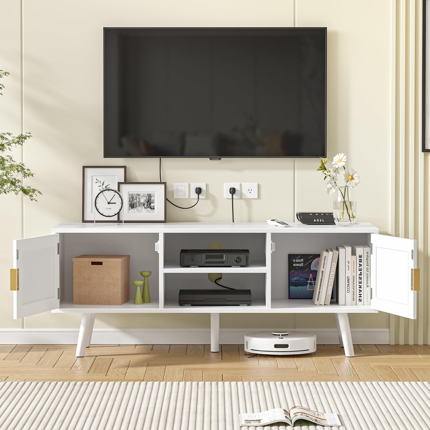 Skokliz TV Unit, 120cm TV Stand Cabinet for TVs up to 55inch, Rattan TV Table with 2 Doors and 2 Open Shelves, Boho Media TV Cabinet for Living Room