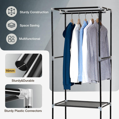 Single Canvas Wardrobe with 2 Drawers and Hanging Rail 160 x 59 x 43CM