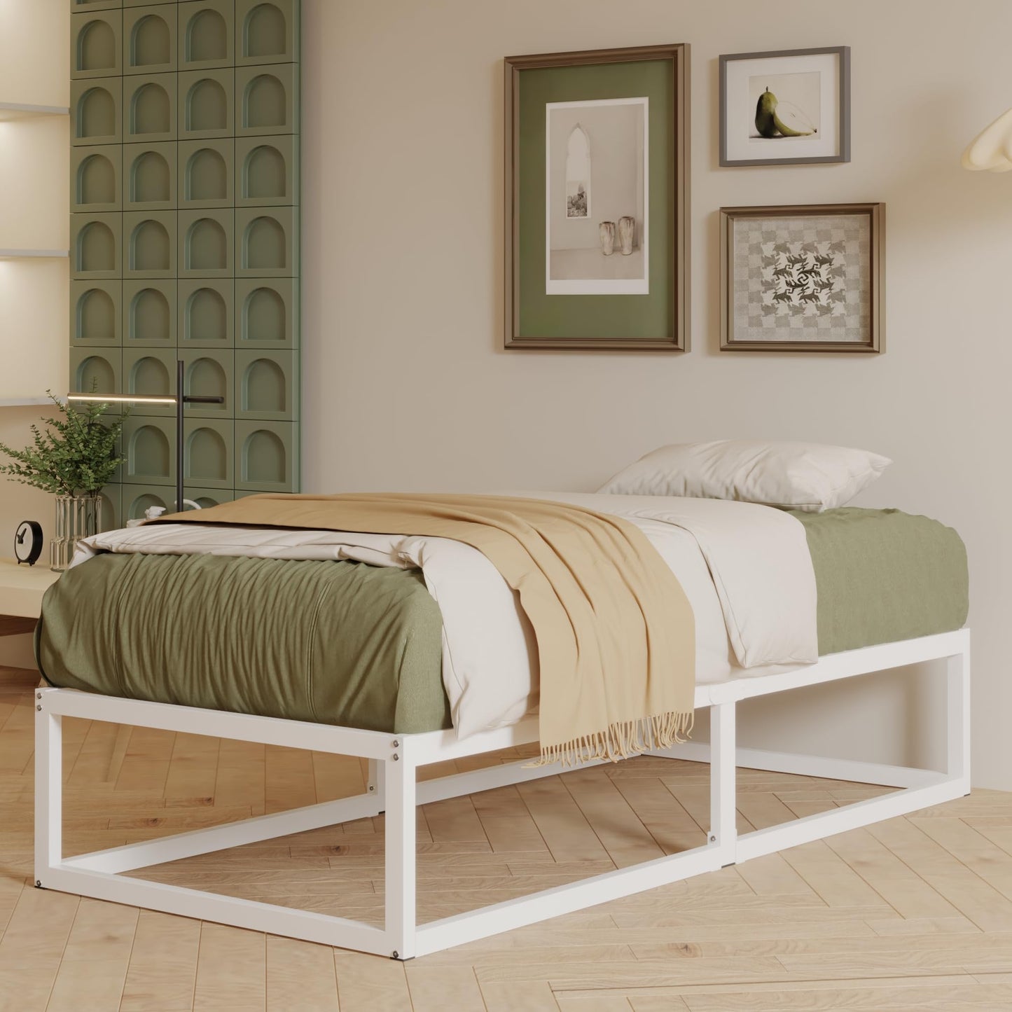 EMODA Metal Bed Frame 80 x 190cm with Steel Slats Support, White