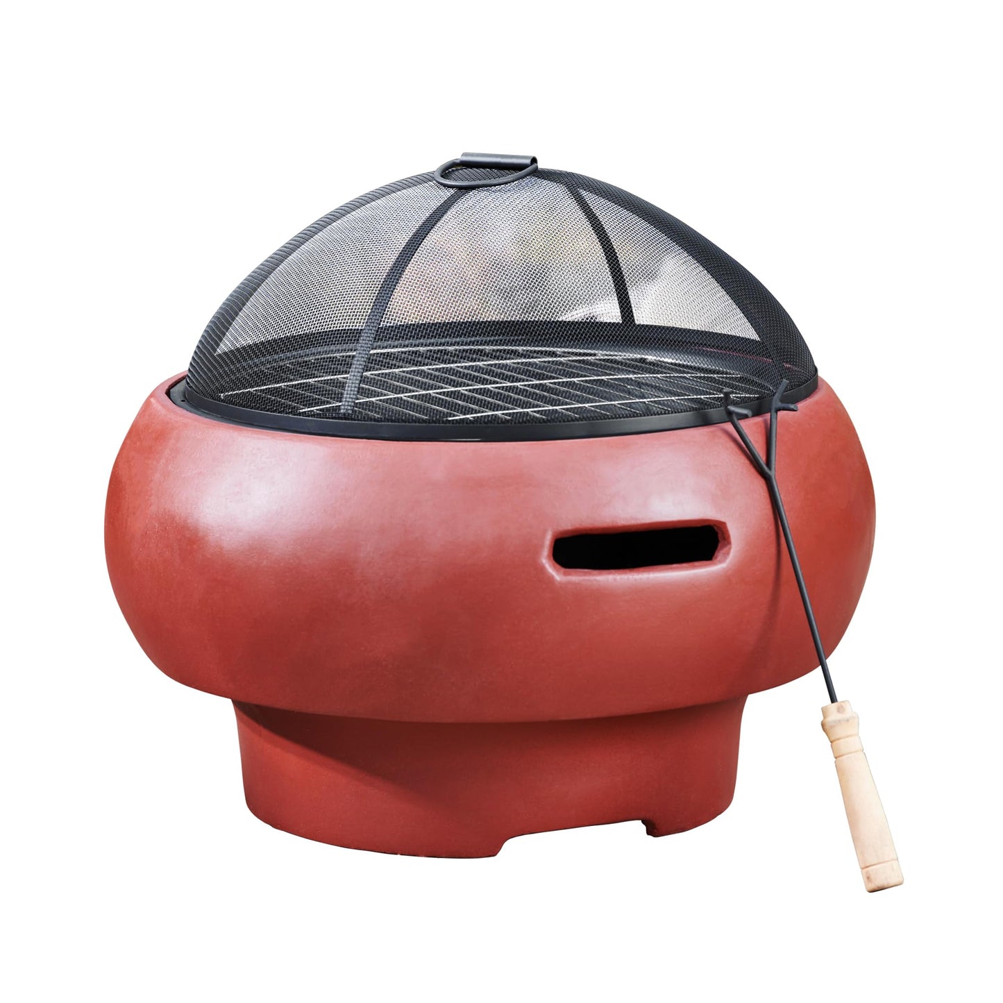 Teamson Home Outdoor Wood Burning Fire Pit, Small Round Fire Pit, Outdoor Chimenea, Firepit, Fire Bowl Log Burner with Poker, Grill and Lid, Red
