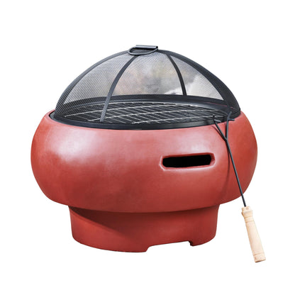 Teamson Home Outdoor Wood Burning Fire Pit, Small Round Fire Pit, Outdoor Chimenea, Firepit, Fire Bowl Log Burner with Poker, Grill and Lid, Red