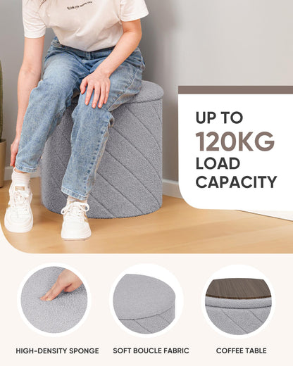 Bonlife Round Ottoman Stool with Storage, Folding Footstool with Lid,Boucle Vanity Stool for Living Room,Bedroom,Entryway,Grey,43x43x45cm