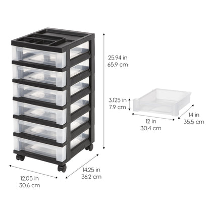 IRIS Plastic Storage, Rolling Cart with Organizer Top, Black, 6 Drawer