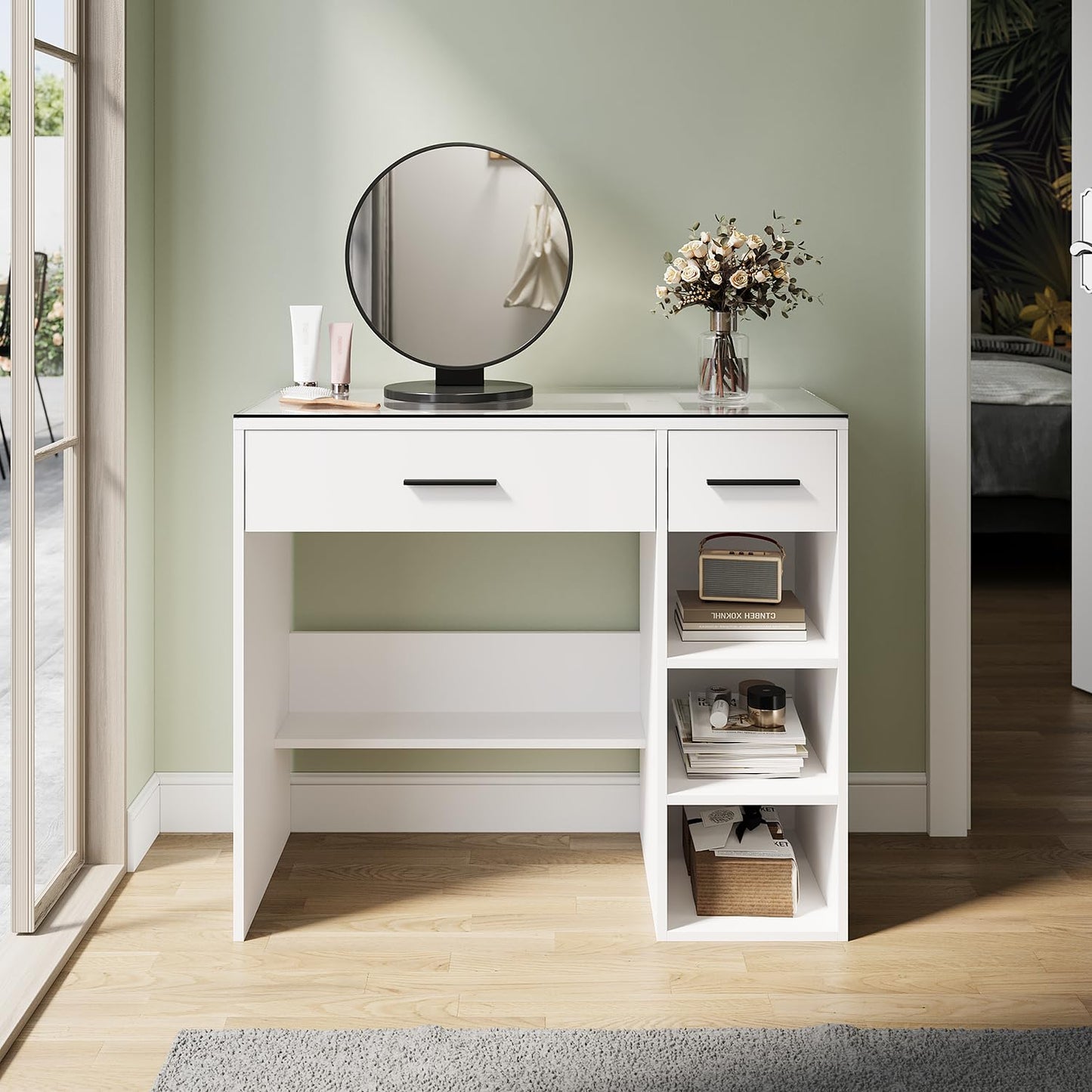 ZANOFIRA Dressing Table with Glass Top, White Vanity Makeup Desk with 2 Drawers & 2 Adjustable Shelves, Large Storage Modern Design for Women Girls