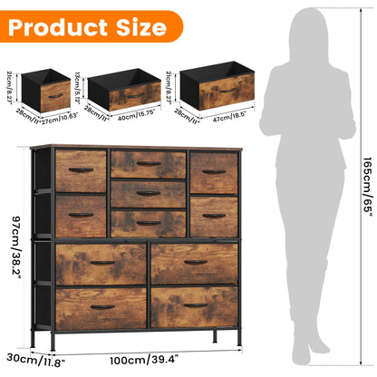 Feonase Chest of Drawers,Bedroom Tall Dresser with 11 Fabric Drawers, Metal Frame & MDF Wood Top, Adjustable Feet, Storage Organizer Unit for Bedroom