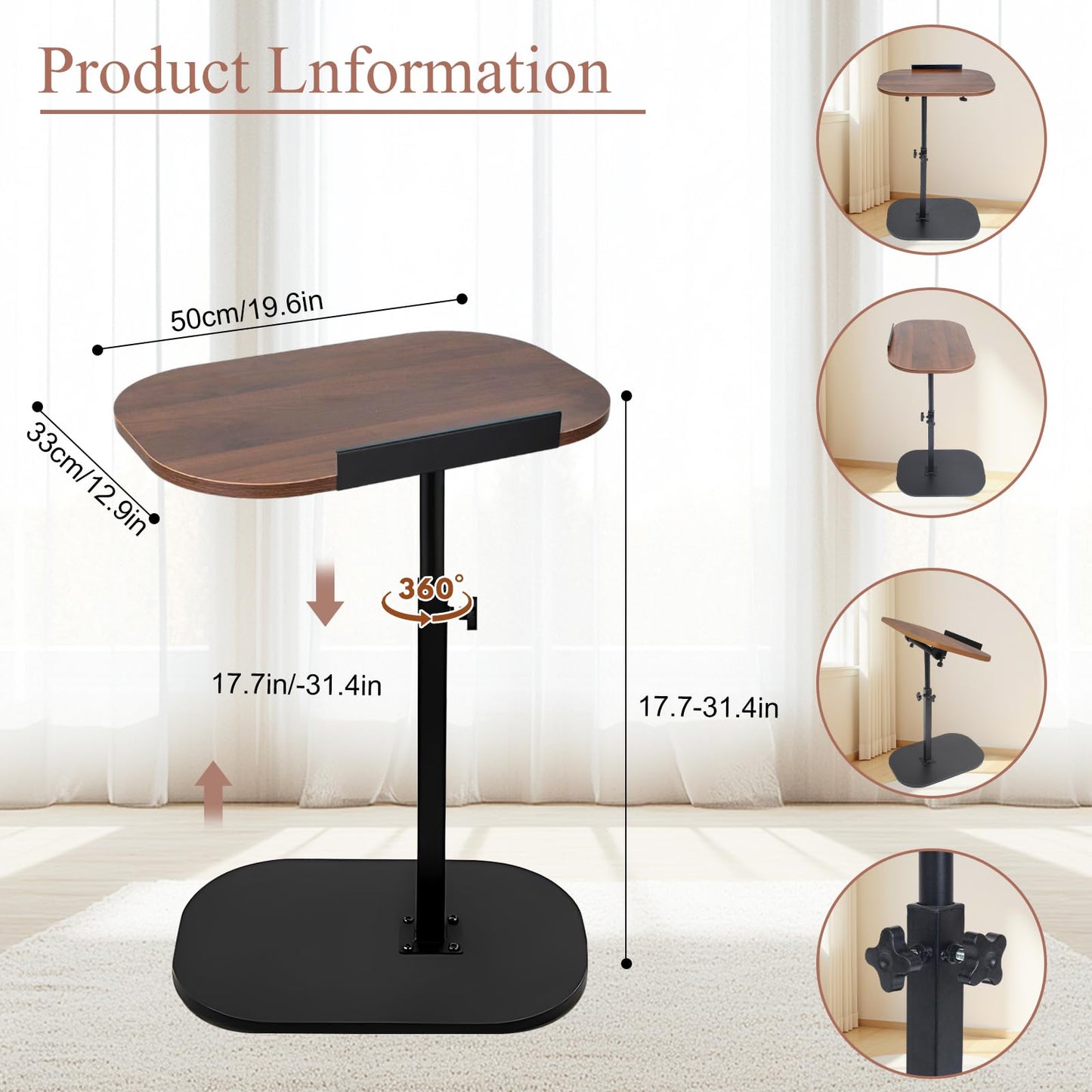 Kiss Me C-Shape Large Side Table Adjustable Height 360 Swivel Detach Baffle
