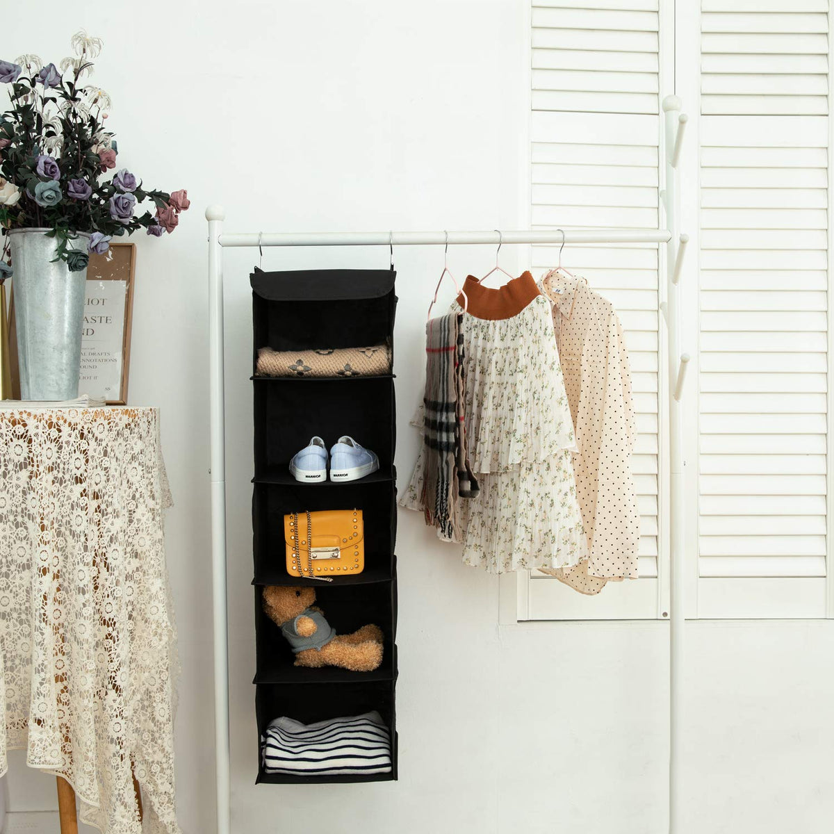 BrilliantJo Hanging Wardrobe Storage with 5 Shelves Heavy Duty Organiser Storage Unit with 6 Pockets Pockets for Sweaters, Shoes, Accessories