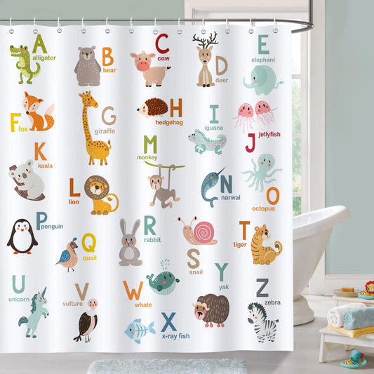 Bonhause ABC Learning Alphabet Shower Curtain Animals Kids Educational Bathroom Curtain 180 x 180 cm Waterproof Mildew & Mould Resistant Polyester