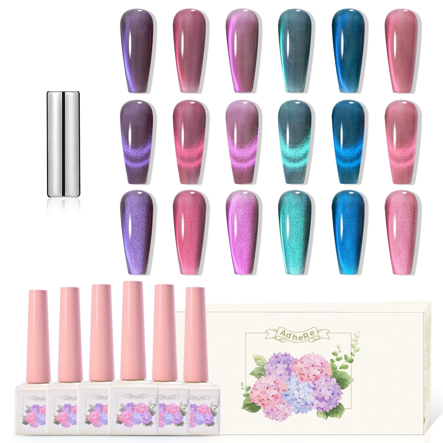 Adhere 12ml 6pcs Cat Eye Magnetic Nail Polish Gel Set with Magnet Fine and Smooth Glitter Cat Eye Gel Nail Polish Soak Off Magnetic Varnish