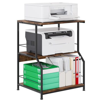 TQVAI 3 Tier Large Printer Stand with Storage on Wheels Printer Table Home Office Microwave Shelf for Kitchen Storage Trolley Rustic Brown Furniture