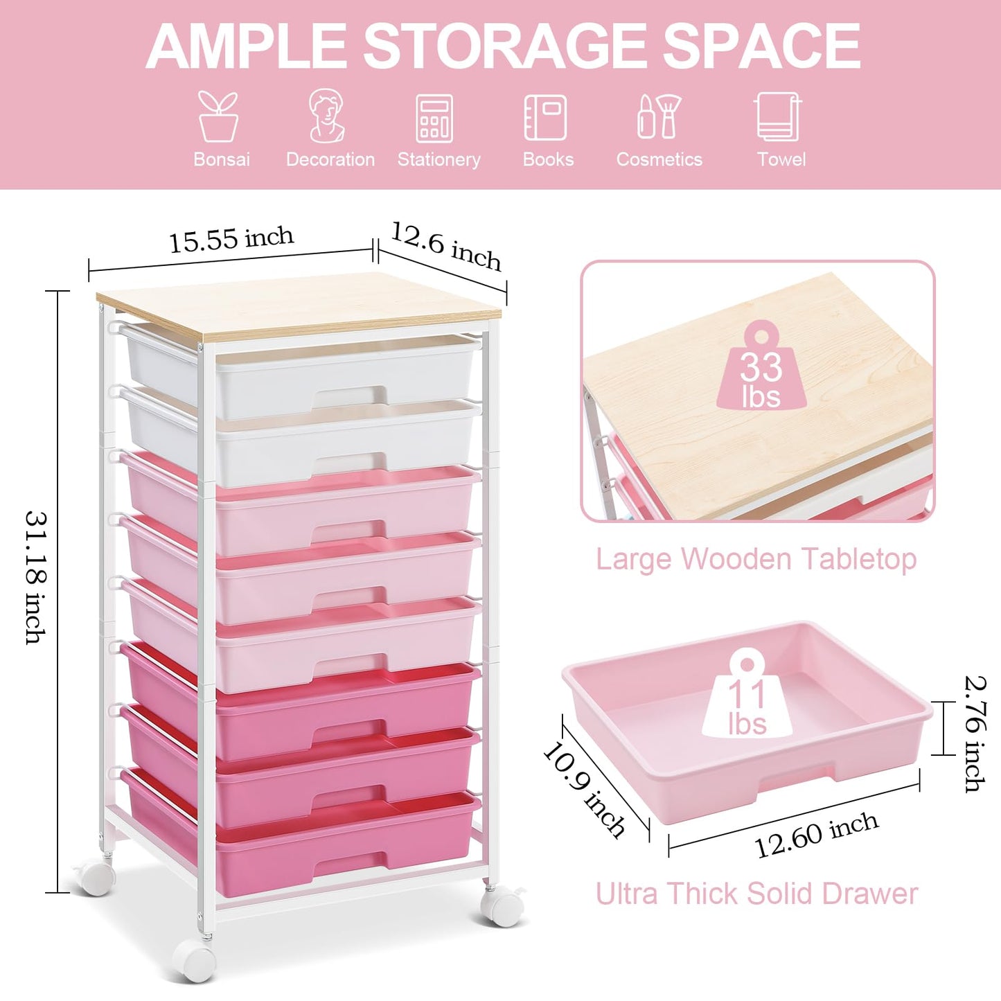 SYKIARIOL 8 Drawers Rolling Storage Trolley, Utility Storage Cart on Lockable Wheels with Plastic Drawers, Multipurpose Mobile Organizer Unit for