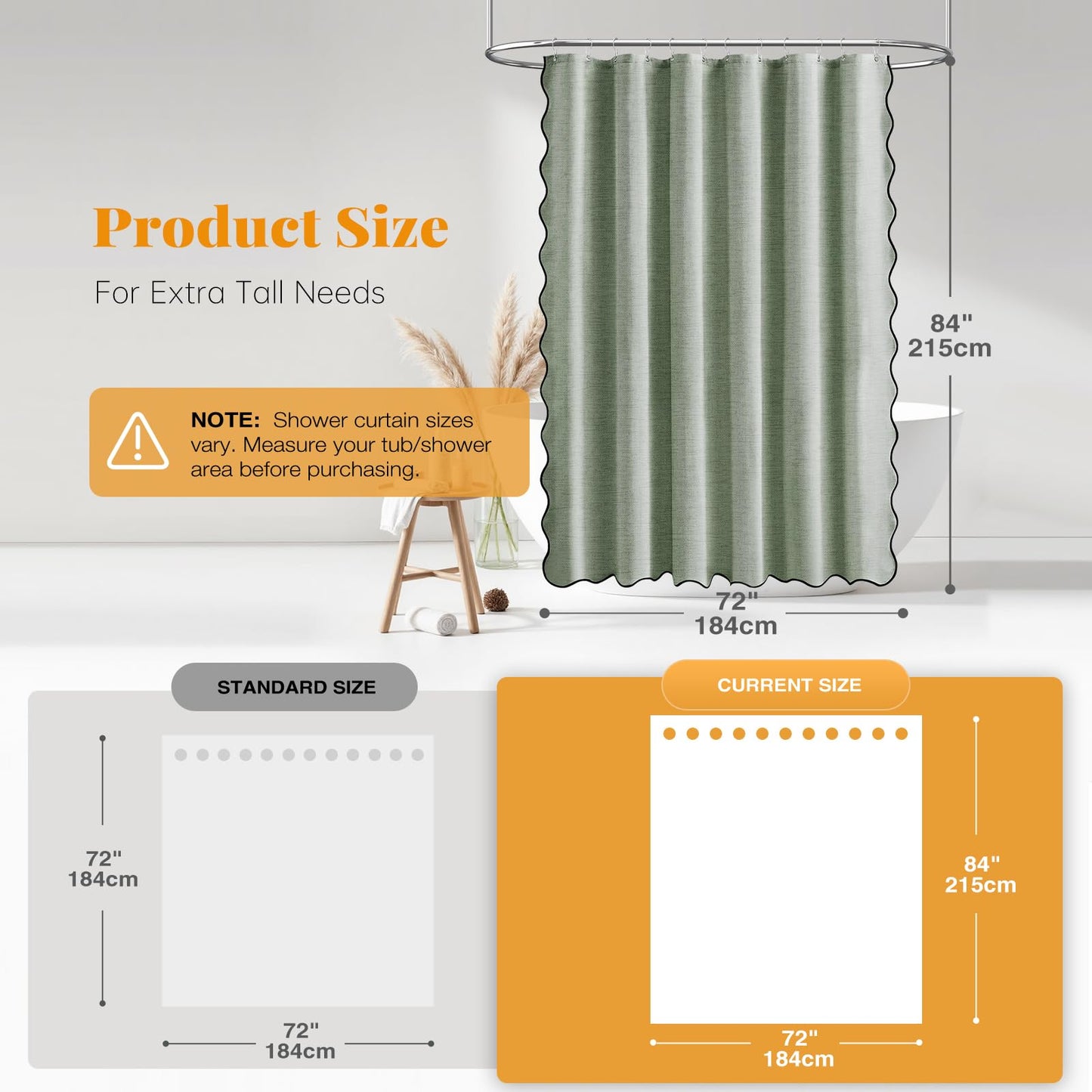 BTTN Extra Long Scalloped Shower Curtain, Waterproof, 184x215cm, Sage Green