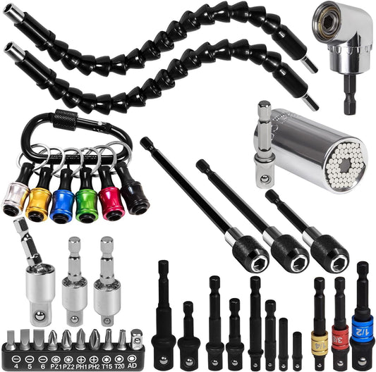 38Pcs Flexible Drill Bit Extension Set, Bendable Drill Extension,105? Right Angle Drill Attachment, Rotatable Joint Socket 1/4 3/8 1/2 Inch Hex Socket