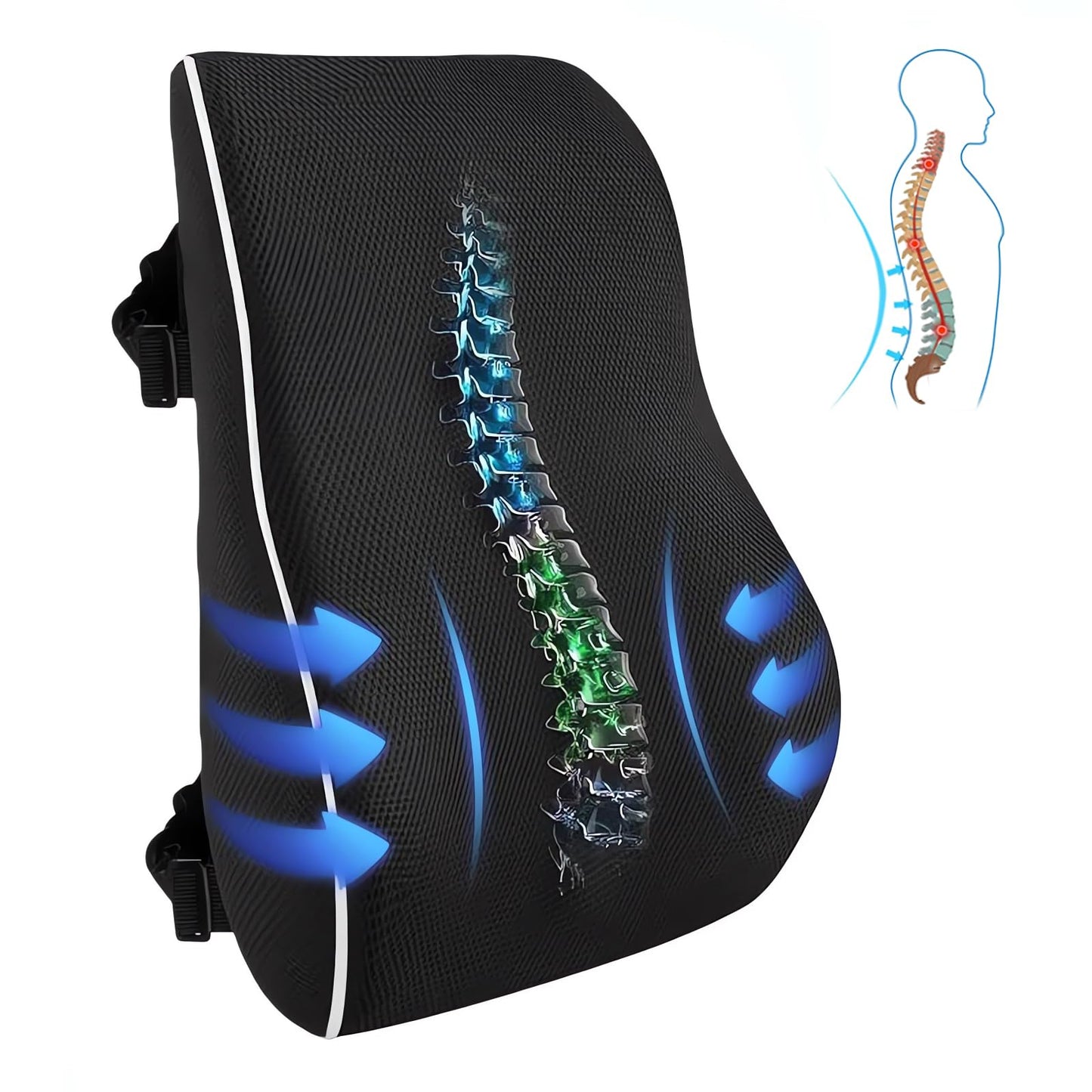 Chiziyixin Back Support for Office Chair, Memory Foam Lumbar Support Cushion with 2 Adjustable Straps, Black Back Lumbar Pillow for Office Chair