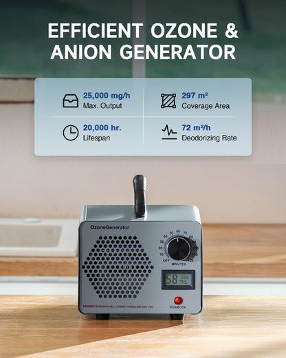 CREWORKS Ozone Generator, 25000 mg/h High Capacity Ozone Machine for Car Home Smoke Pet Odor Removal, Commercial Ozone Odor Eliminator Air Purifier
