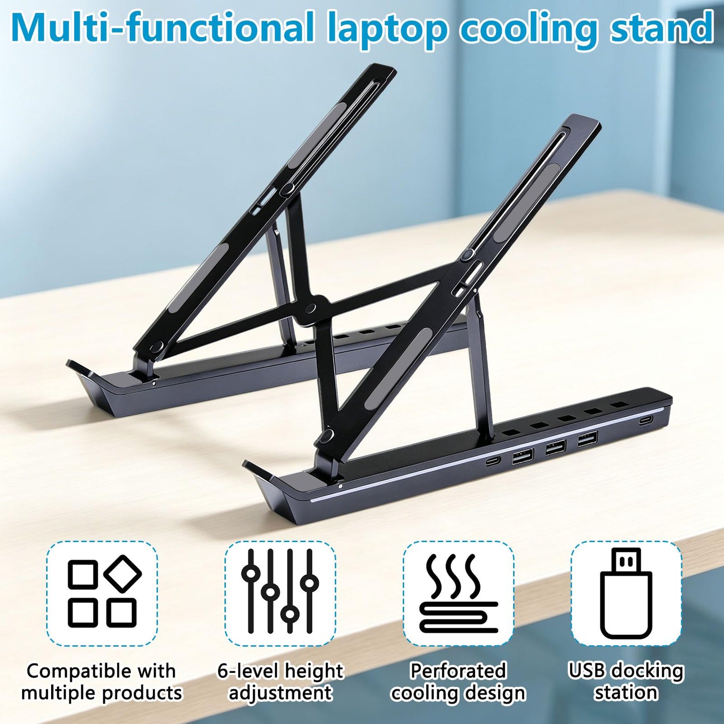Tasofac 4-in-1 USB-C Laptop Stand, Aluminum Laptop Stand with 4-in-1 USB-C Docking Station, Foldable Double Stand, Laptop Station with Docking Station