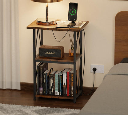 HFHOME 2025 Upgraded Extended Tabletop Record Player Stand with Charging Station, 3 Tier End Table with Vinyl Record Storage