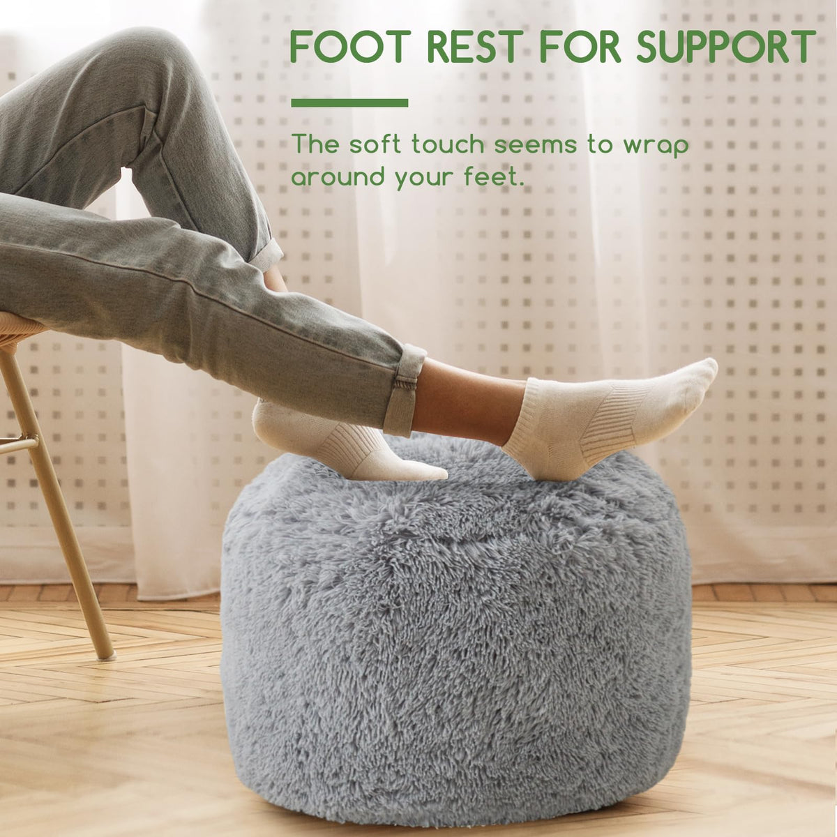HIGOGOGO Faux Fur Beanbags Round Footstool Bean Bag Pouf with Foam Chunk Filling, 50 x 35 cm Floor Poufs Foot Rest for Living Room, Grey