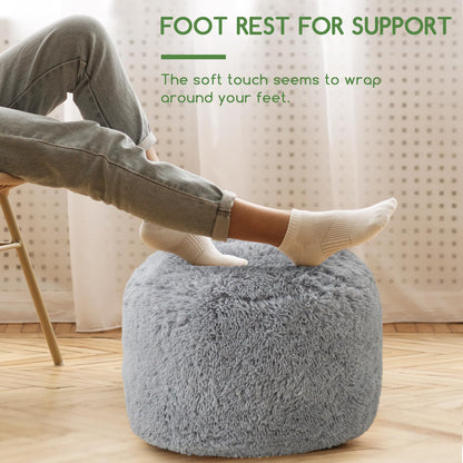 HIGOGOGO Faux Fur Beanbags Round Footstool Bean Bag Pouf with Foam Chunk Filling, 50 x 35 cm Floor Poufs Foot Rest for Living Room, Grey