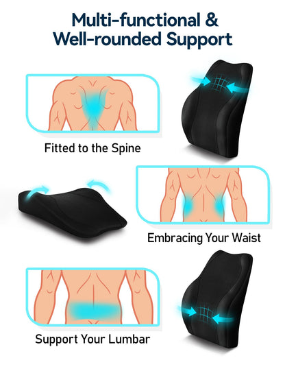 Travel Ease Ergonomic Lumbar Support Cushion, Gel and Memory Foam Back Support Cushion for Office Chairs with Skin-friendly Cover for Comfort (Black)