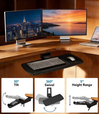 AX WABER Keyboard Tray Under Desk with Storage Drawer, Height Adjustable Keyboard Tray Slide Out 360° Swivel Tilt