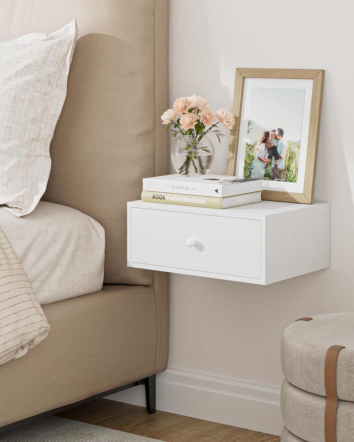 HEYZOEY Floating Bedside Table, Wood Bedside Table with Drawer, Wall Mounted Nightstand for Bedroom,Livingroom (White)