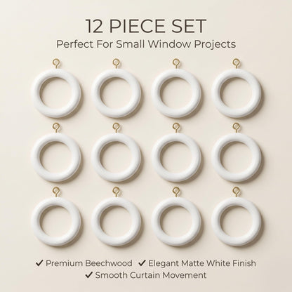 12 Pcs White Wooden Curtain Rings with Hooks | 2.5 Inch Outer Diameter, 1.75 Inch Inner Diameter | Fits 1 to 1.5 Inch Curtain Rods