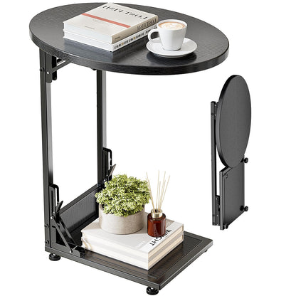 Mutool C Shaped Side Table, Foldable Round Sofa Table with Metal Frame, Small Coffee Table for Living Room Bedroom Office, Black
