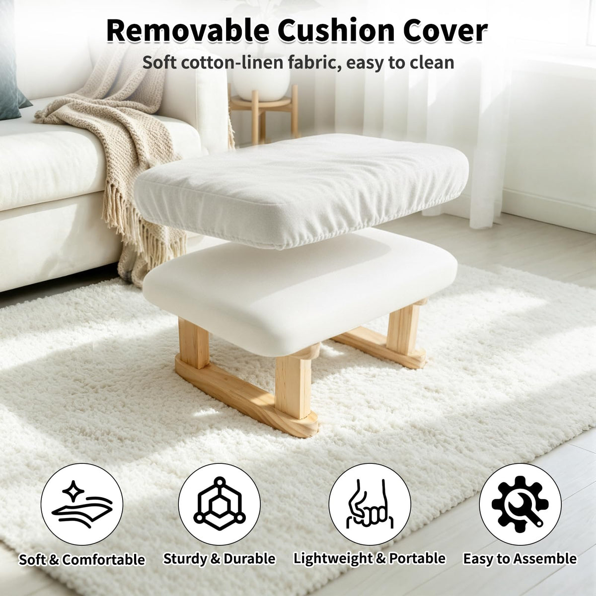 Margolongte Foot Stool, Pouffe Footstool with Removable Cover, Linen Fabric Small Footstool with Cushion