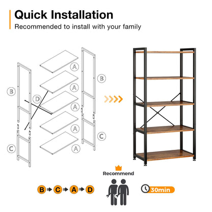 Coleshome 5-Tier Book Shelf Display Rustic Brown Industrial Bookcase