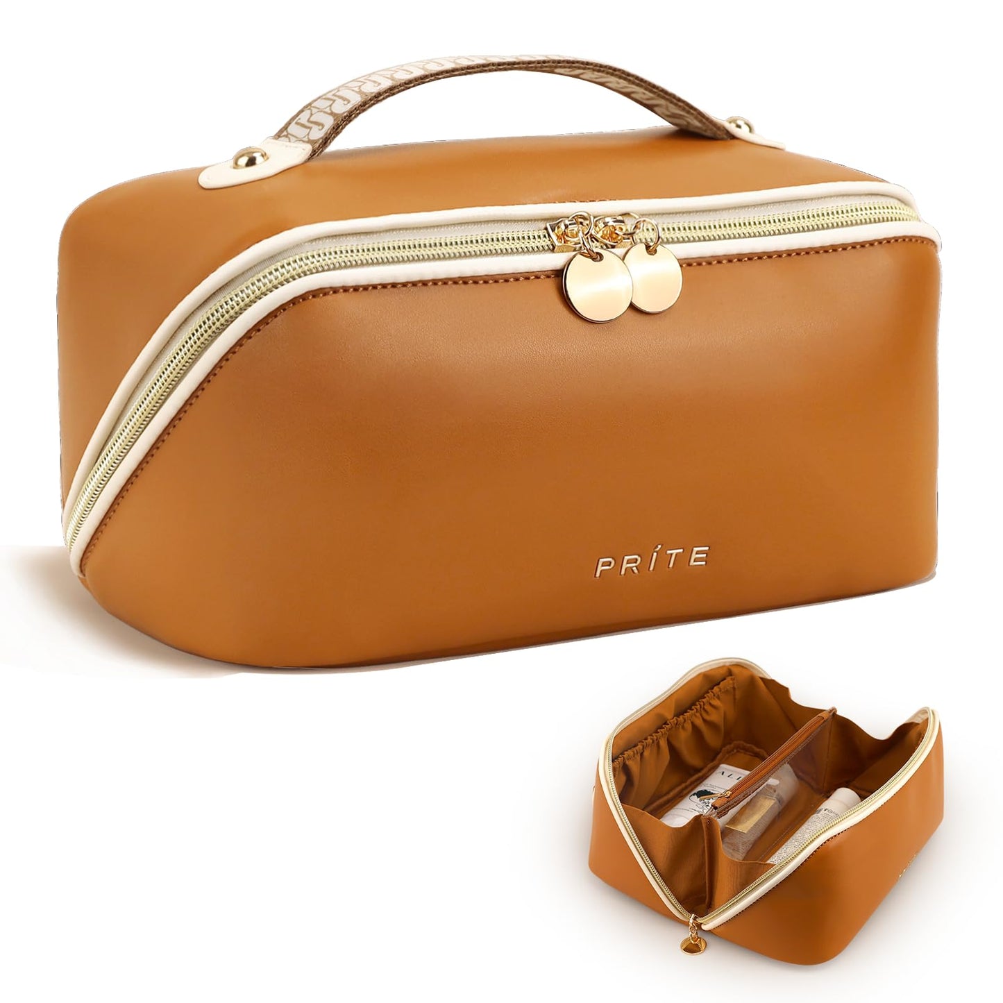 Prite Large Capacity Makeup Bag Portable Travel Cosmetic Bag Waterproof Toiletry Case with Clear Divider and Handle (Brown L)