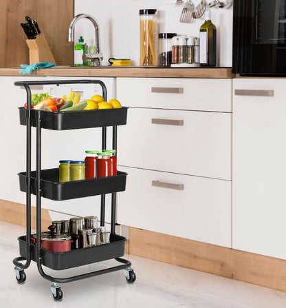 Multibao 3 Tier Storage Trolley on Wheels Cart Kitchen Utility Rolling Rack Tray Shelf for Kitchen Bathroom Laundry and Office (Black)