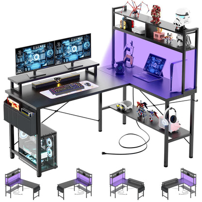 iSunirm L Shaped Gaming Desk with Power Outlets & LED Lights, Small L- Shaped Computer Corner Desk with Monitor Stand & Storage Shelf