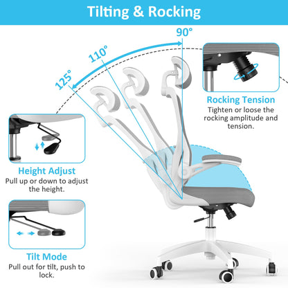Feonase Ergonomic Office Chair with Adjustable Headrest and Lumbar Support, Mesh Back, Flip-up Armrests and Rocking Function