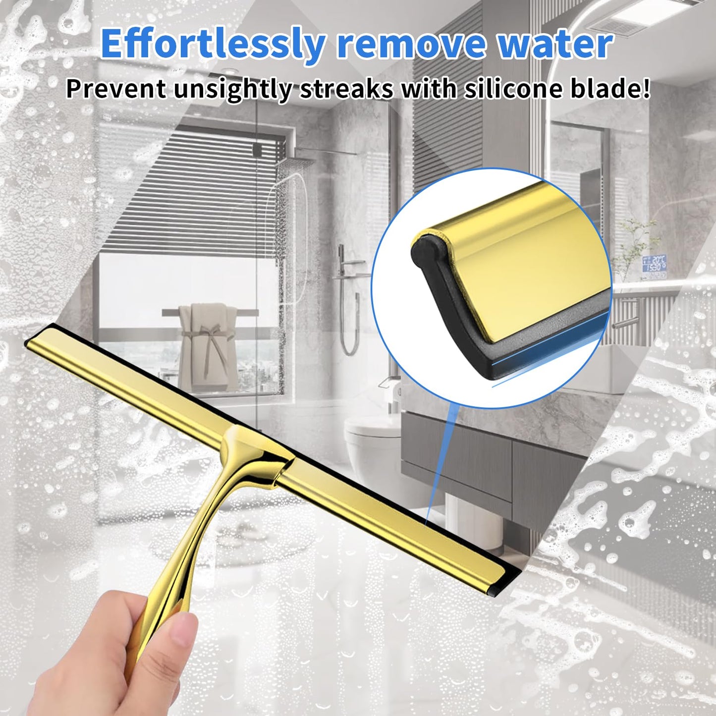 Suimlmta Shower Squeegee Gold 10Inch Window Bathroom Squeegee Metal Shower Screen Wiper with Hook Window Scraper Cleaner for Shower Glass Door