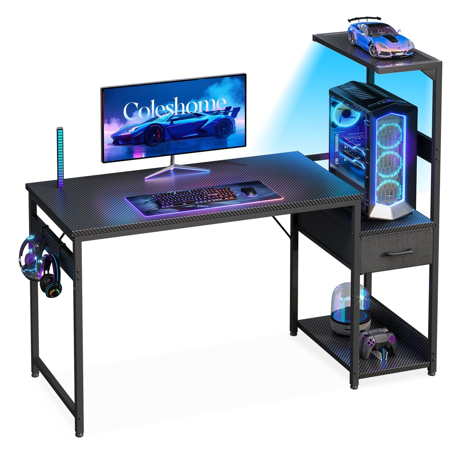 Coleshome 120×48 cm Gaming Desk with LED Lights, Carbon Fiber Black