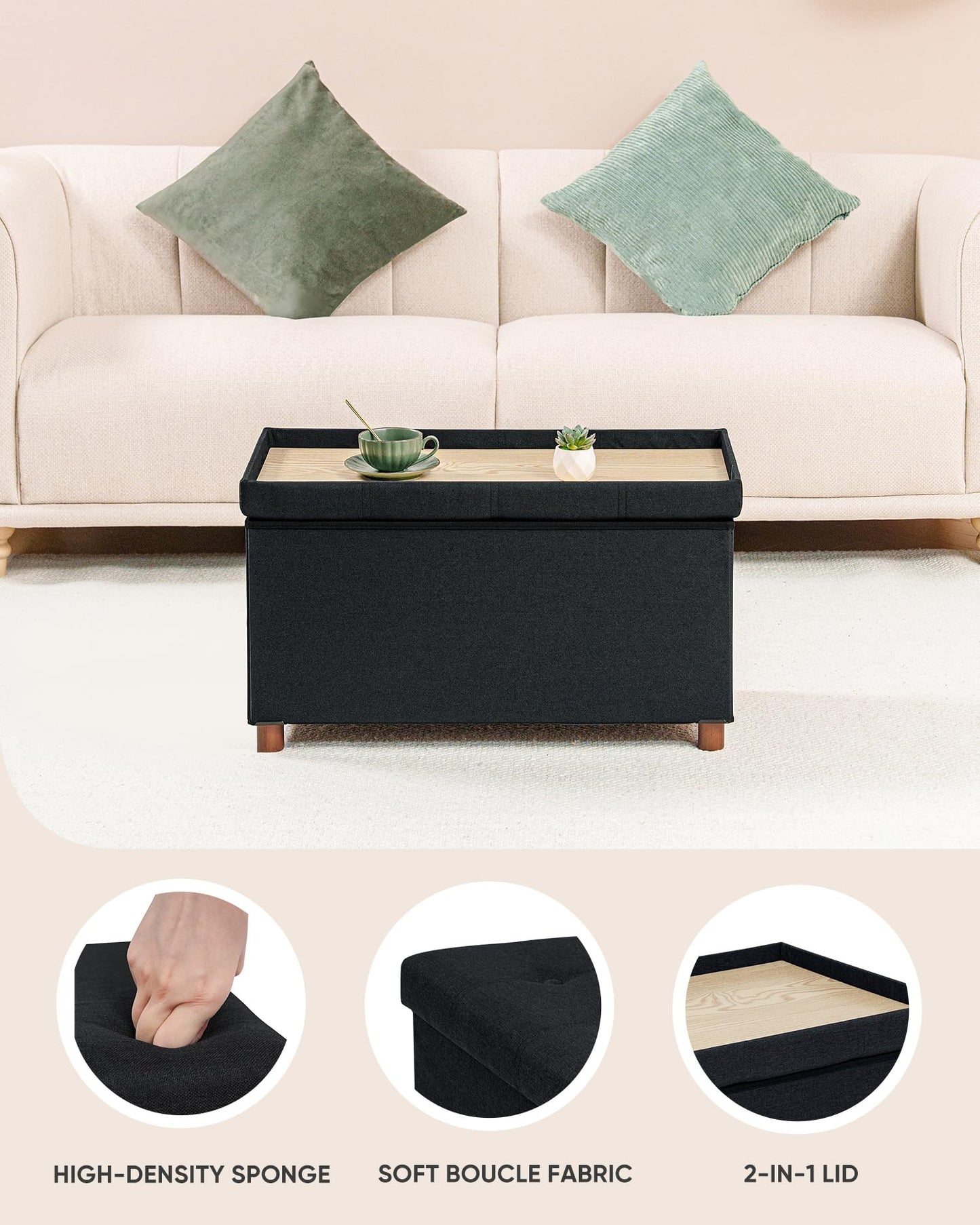 Bonlife Storage Ottoman with Tray, Foldable Bench with Wooden Legs