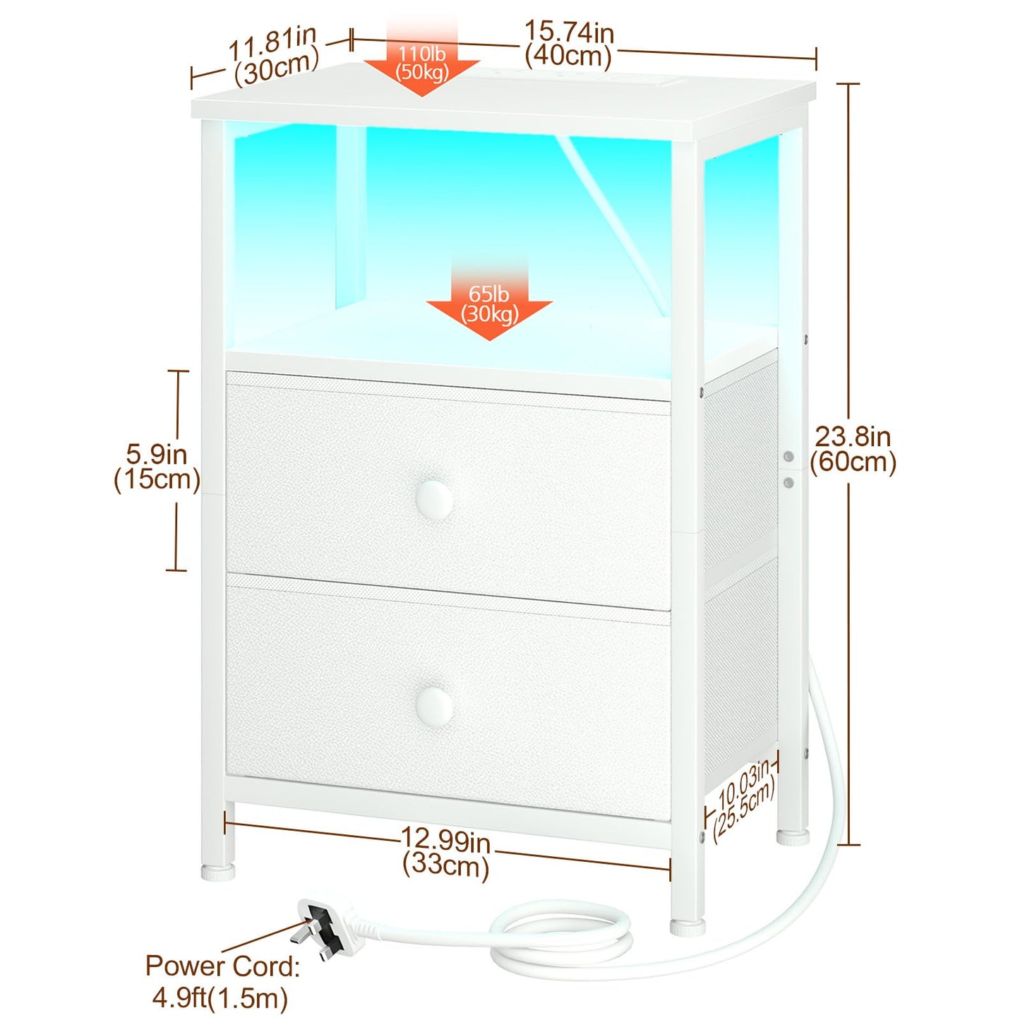 LOAKEKEL Bedside Table, Side Table with Charging Station, Bed Side Table